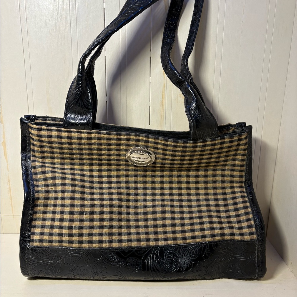 Longaberger Black and Tan Checkered Shoulder Bag with Metallic Emblem